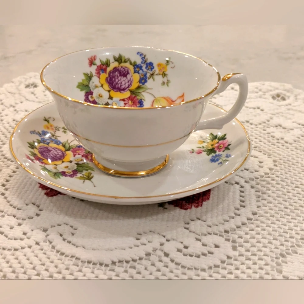 Floral Teacup and Saucer Set with Gold Trim